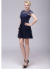 Navy Blue Lace Chiffon Cap Sleeves Knee Length Prom Dress 